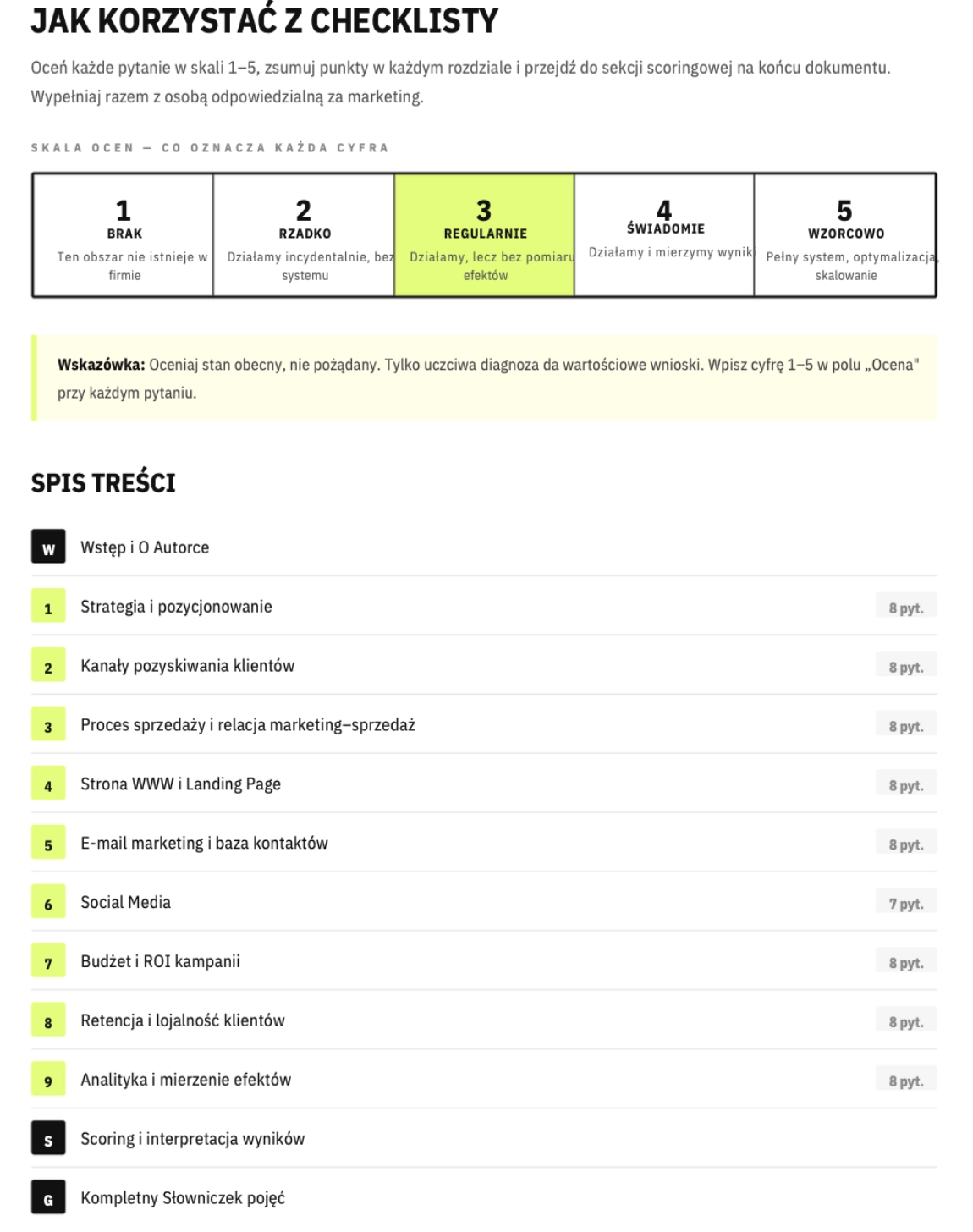 Skala ocen 1–5 i spis treści (9 rozdziałów)